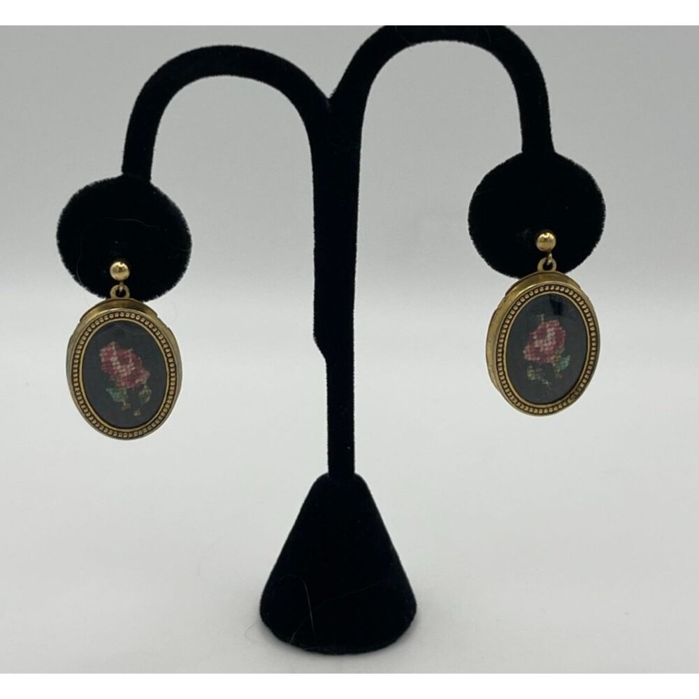 Vintage Avon Oval Embroider Rose Pierced Earrings Floral Goldtone